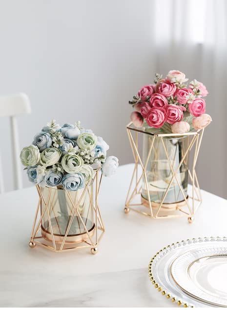 Geometric Glass Vase Gold EylKoi: 2pcs Vases Home Decor Terrarium Crystal Vases for Flowers Modern Pillar Glass Hurricane Candle Holders Decor Wedding Centerpieces for Home Bathroom Dining Table - Image 2