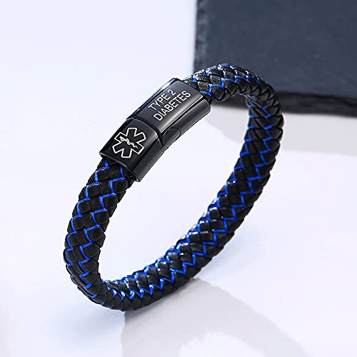 Vnox BL-370B-MED1+KZ-2 Medical Alert Id Coumadin Blue&Black Braided Leather Stainless Steel Cuff Bracelet thumb #3