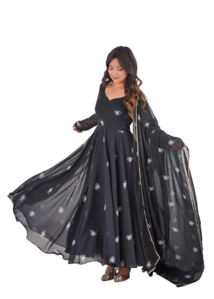 ISRL Enterprise Women's Elegant Black Georgette Flared Anarkali Gown with Floral Prints, Sweetheart Neck, Full Sleeves and Lace-Bordered Dupatta Ethnic Long Dress (in, Alpha, 2XL, Regular)-image-1