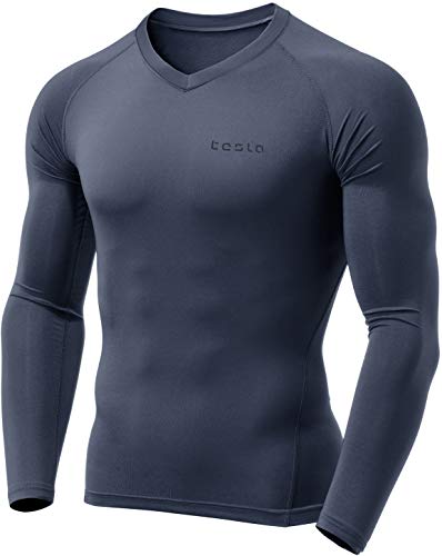 TSLA Men's Thermal V-Neck Long Sleeve Compression Shirts, Athletic Base Layer Top, Winter Gear Running T-Shirt, Thermal V Neck Dark Grey, Medium