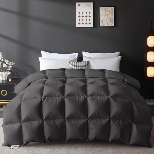 Image of L LOVSOUL Goose Feather Down Fiber Comforter Full Size, 100% Organic Cotton Fabric Duvet Insert,1200TC,750+FP, Hotel Collection, Heavyweight Grey with 8 Tabs,86X82IN