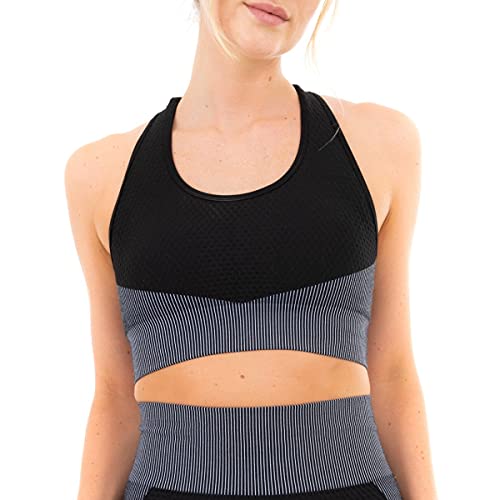 M17 Womens Ladies Sports Bra Textured Panelling Striped Comfort Athletics Yoga Gym Bras Top Adjustible Straps Removeable Pads - Large - Black Grey