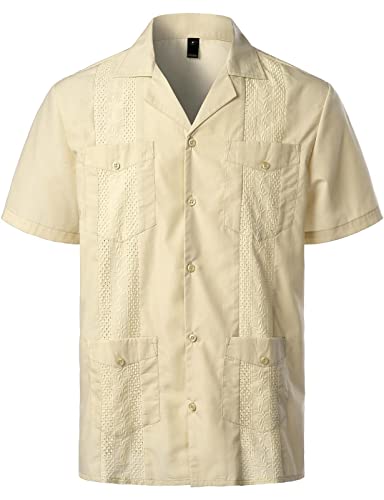 ChahuerOu Chemise Estivale à Manches Courtes Cubaine Guayabera De Couleur Unie avec Poches Multiples Surdimensionnées Et Broderies Florales pour Hommes 4XL