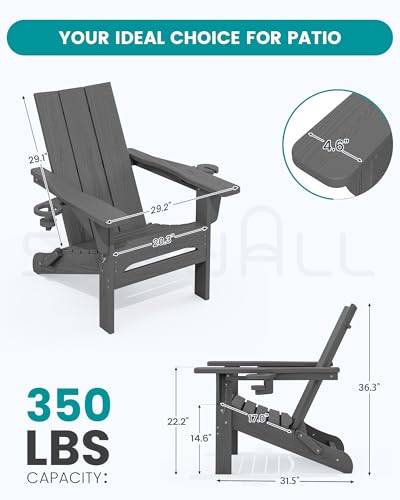 SERWALL Outdoor HDPE Modern Adirondack Chair,Folding Adirondack Chair with Cup Holders, All Weather Resistant Fire Pit Chair, Gray