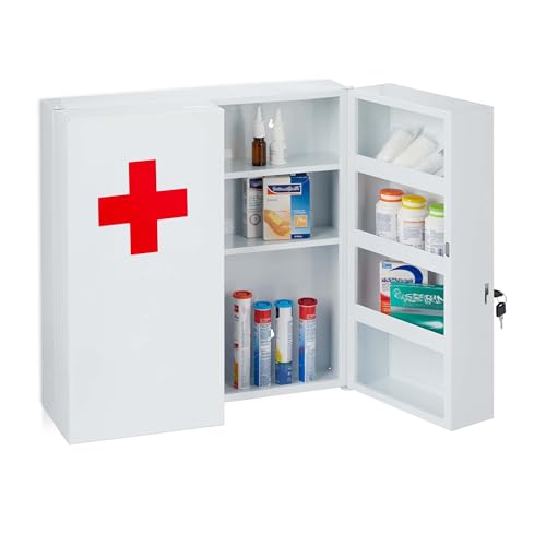 Relaxdays Armadio Armadietto Porta Medicinali, 2 Ante, per Medicine, 11 Scomparti, Richiudibile, 53,5 x 53 x 19 cm, Bianco Rosso, Acciaio