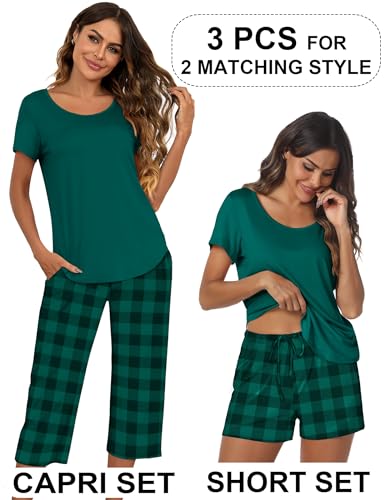 Image of Ekouaer 3 PCS Capri Pajamas for Women Set Short Sleeve Pajama Lounge Sets | Floral Pj Sets Top and Capri Pants Soft Comfy Sleepwear with Pockets for Home, Daily Wear for Mom, Wife, Grandmother
