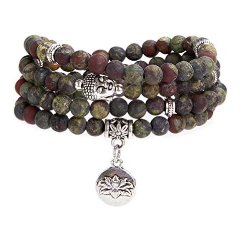 Bivei 108 Mala Beads Necklace Beaded Wrap Bracelets Genuine Gemstone Mala Prayer Beads Lotus Charm Yoga Meditation Necklace - Bloodstone Cover