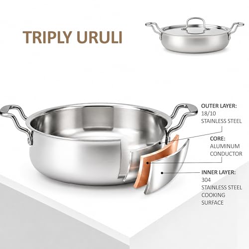 Image of SOLARA Triply Stainless Steel Uruli 24 cm with SS Lid, Tri Ply Heavy Bottom Cooking Pot, Stainless Steel Handle, Induction Friendly Deep Kadai /Uruli for Curry, Biryani & Frying