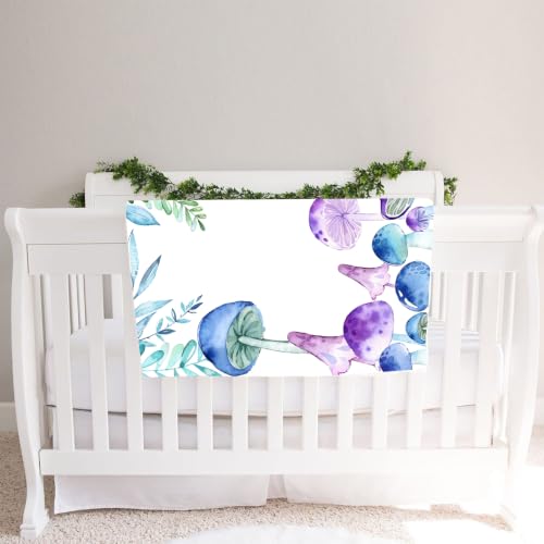 Image of Mushroom Theme Baby Monthly Milestone Blanket, Soft Flannel Watercolor Spring Tropical Eucalyptus Leaves Botanical Photography Prop Newborn Baby Shower Age Growth Tracker (Purple Blue, 60x40in)