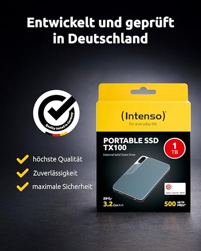 Intenso Externe SSD TX100 1 TB – USB 3.2 Gen 1x1 (5 Gbps), bis zu 500 MB/s – schneller Speicher für PC, Laptop, Mac, PS5, PS4 & Xbox – kompakt & stoßfest