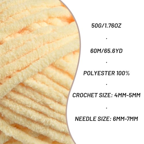 Image of Plush Chenille Chunky Crochet Yarn - Baby Yarn for Crocheting Soft - Velvet Yarns Knitting for Blankets Crafts - Fluffy Amigurumi Yarns 50g / 65.6yd (Yellowish)