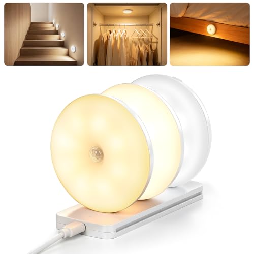Tobeape Rechargeable Motion Sensor Night Light 3 Pack 1500mAh Dimmable Puck Lights with Charging Base Cordless Magnetic LED Under Cabinet Light with 3 Color Temps for Closet Kitchen Bedroom Stair