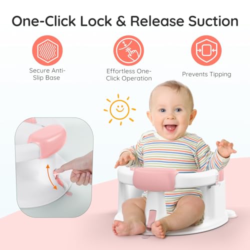 Image of Baby Bath Seat for Babies Sitting Up, Non-Slip Baby Bath Chair with Strong Suction Cups, Lockable Armrest & High Back 360 Safety Support, Ideal for Active Toddlers 6-24 Months, Pink