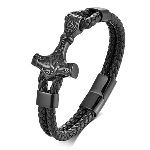 Men Leather Braided Viking Bracelet,Thor's Braided Wristband Gothic Punk Cuff Stainless Steel Buckle Bracelet for Men,21CM/8.2