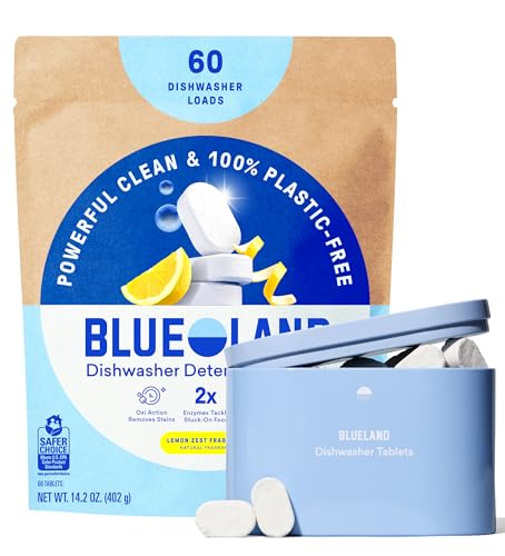BLUELAND 100% Plastic-Free Dishwasher Detergent Tablets Starter Set 60 Count with tin Lemon Zest Eco-Friendly Dishwashing Pods Cuts Grease & Stuck on Food Rinses Clean for Streak-Free Shine