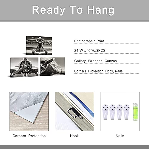 Canvbay 3 Panels Black And White Airplane Canvas Wall Art Plane Aircraft Picture Military Plane Wall Decor Turbine Propeller Painting Prints For Modern Home Office Decor 16X24Inchx3Pcs #TOP4