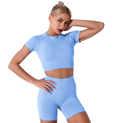 Image of Yoga Outfits Sets for Women 2 Piece Workout Tracksuit Running Short Sleeve Crop Top Seamless High Waist Sports Shorts Sets Gym Clothes Activewear Light Blue Large