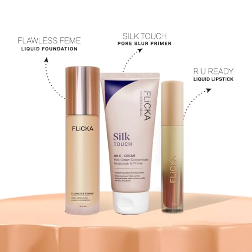Image of FLiCKA Ultimate Glow Bundle Combo | Flawless Femme Liquid Foundation (Coffee-08) | Silk Touch 3 in 1 Face Primer | R U Ready Liquid Lipstick
