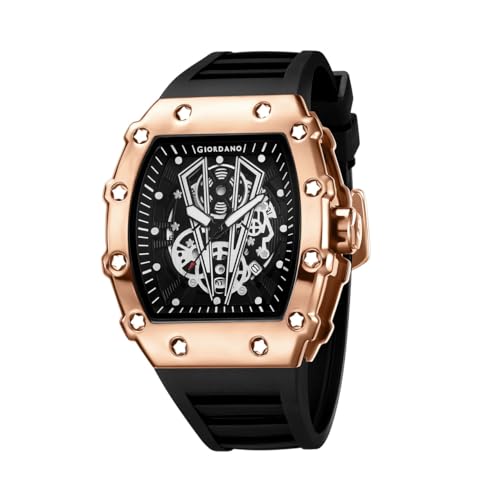 Image of Giordano Analog Quartz Watch for Men with Skeleton Rectangle Dial, Date Function, Luminous Hands and Markers, Silicone Strap - GZ-50237