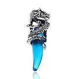 Edelstahl Anhänger Halskette Kristall Silber Blau Drachen Wolf Gebiss Zahn Tribal Stammes Herren