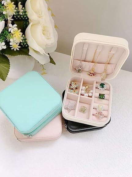 Image of Mini Jewellery Travel Case, PU Leather Organizer Box, Small Portable Jewellery Storage Holder for Womens Rings Earrings Necklaces (Peach-PU Leather Box) (White)
