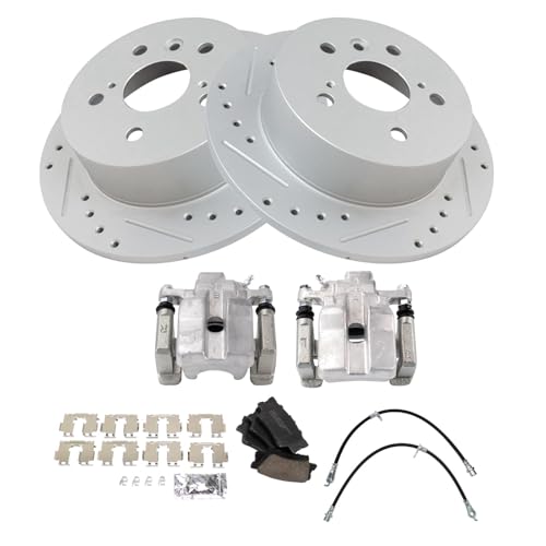 Image of TRQ Performance Rear Brake Pad and Rotor Set Ceramic Slotted Drilled Coated Rotors Calipers Compatible with 2013-2015 Toyota Avalon 2012-2017 Camry