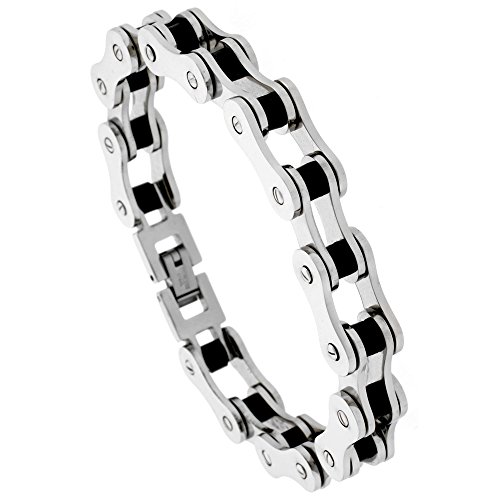 Sabrina Silver Stainless Steel Bicycle Chain Bracelet for Men Black Rubber Accent 1/2 inch Wide, 7.5 inch Long