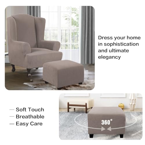 Image of H.VERSAILTEX Ottoman Cover Slipcover Rectangle Fit Length 35 inch-45 inch Footrest Sofa Slipcovers Stool Cover Footstool Protector Covers Feature Stretch Thick Soft Jacquard Fabric Removable Washable - Taupe