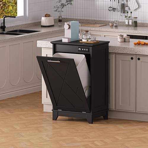 Image of Single Tilt Out Trash Can Cabinet with Negative Ion Odor Control, Hidden 10-Gallon Recycling Cabinet, Dog Proof Garbage Can for Kitchen, Laundry, Dining Room, Black