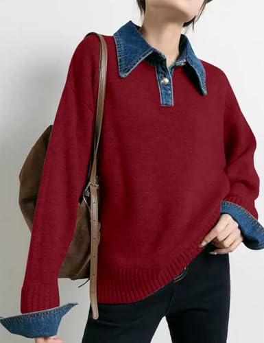 Image of Womens Denim Lapel Sweater Oversized Long Sleeve Button Down Polo Knit Pullover Sweaters 2025 Fall Outfits