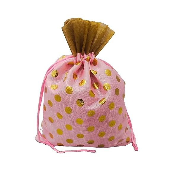Just Flowers 10Inch X 8Inch Polka Dot Potli Bags,Printed Brocade Drawstring Pouches/cloth bags for return gifts, for Dryfuits, Wedding Gifts, Shagun Packing (Pack of 5, Baby Pink Golden Dot) - Image 3