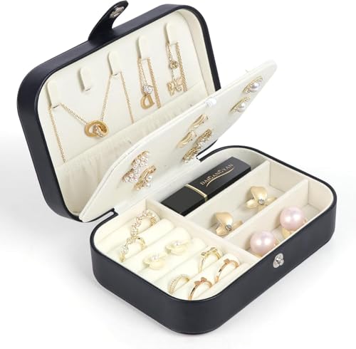 SLOZO - Travel Jewelry Box,Small Jewelry Organizer Boxes for Women Girls,2 Layer Travel Jewlery Case, PU Leather Mini Portable Jewerly Storage Display Holder for Earrings,Ring,Necklaces,Bracelets (Black 2)