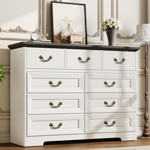 GAOMON Dresser for Bedroom, Retro Wooden 9-Drawer Dresser, 47.2" Wide Chest of Drawers with Metal Handle, Dressers TV Stand, Dressers for Closet Cloth