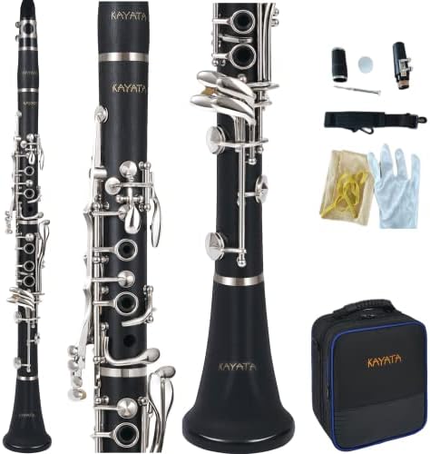 KAYATA B Flat Clarinet with Black Ebonite Body, Durable Nickel Plated Keys Adjustable Thumb Rest with Unique Thin Ring. Deluxe Canvas Case with shoulder strap.