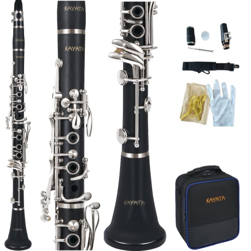 Kayata B Flat Clarinet With Black Ebonite Body, Durable Nickel Plated Keys Adjustable Thumb Rest With Unique Thin Ring. Deluxe Canvas Case With Shoulder Strap. #TOP2