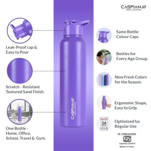 Image of CASPIAN / / / HIke ISI Certified Stainless Steel Water Bottle 1 ltr. (Cosmic Violet, 1 Litre) | Leak Proof Sipper for Fridge Home Office Travel School Kids Boys Girls Adults Sports Gym Yoga | BPA Free