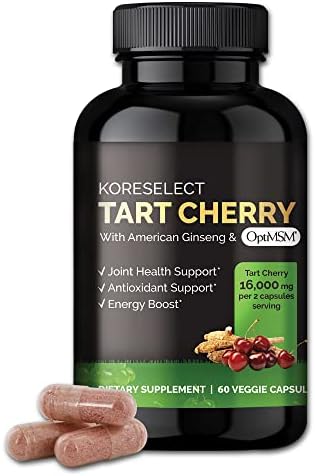 KORESELECT Tart Cherry Extract Capsules 16,000mg, MSM Joint Support Supplement for Men & Women with American Ginseng, Antioxidant Strength Joints Mobility & Comfort Strength - 60 Vegan Capsules