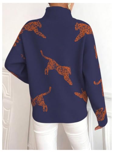 Image of WDIRARA Women's Leopard Tiger Print Sweater High Neck Long Sleeve Fuzzy Knitted Pullover Top