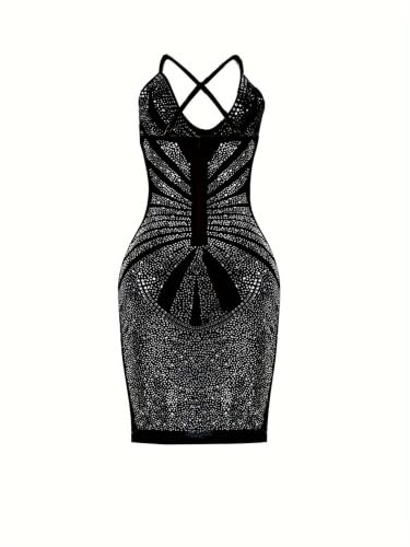Image of PORRCEY Women's Sexy Elegant Rhinestone Mesh Party Club Night Mini Dress