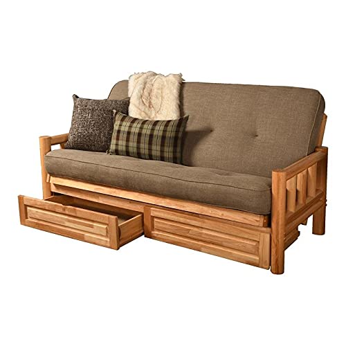 Lodge Frame-Natural Finish-Linen Stone Mattress-Storage Drawers