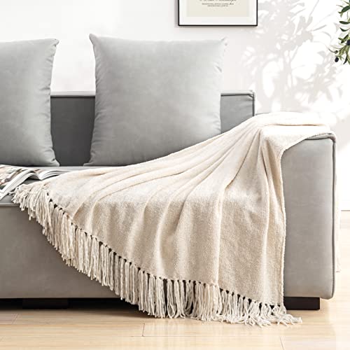 Cozecube Chenille Throw Blanket For Couch, Cozy Soft Throw Blanket With Fringe Tassel, Cream White Throw Blanket For Sofa Chair Gift,Decorative Farmhouse Throw Blanket For Traveling 50"X60" #TOP2