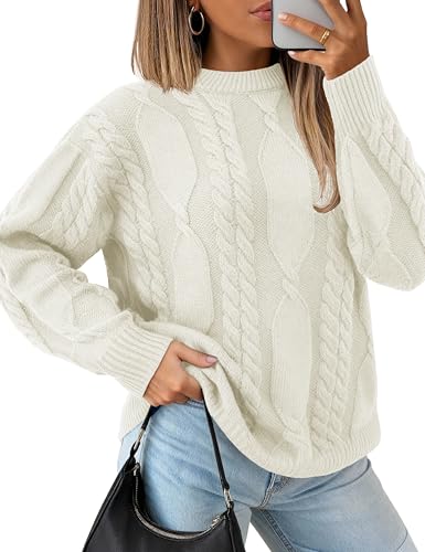 YUCOLEN Pullover Sweaters for Women Chunky Cable Knit Crewneck Loose Fit Long Sleeve Vintage Fall Sweater Tops