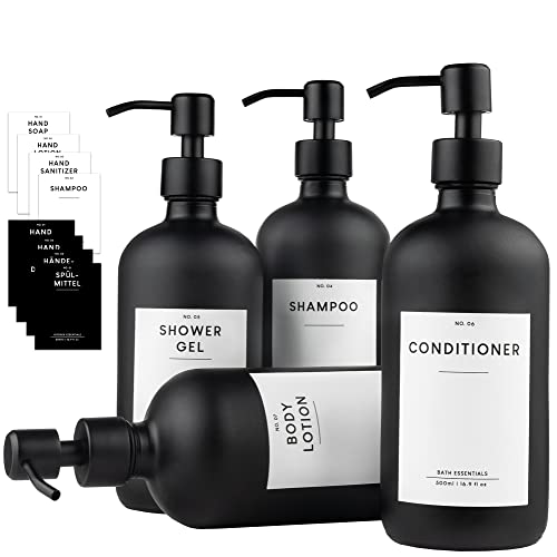 MONOKO 4er Set Seifenspender Schwarz Matt aus Glas | 500ml Shampoo Flaschen zum Befüllen | Spülmittelspender Küche | Spender Pumpkopf Edelstahl | Pumpflasche + Aufkleber