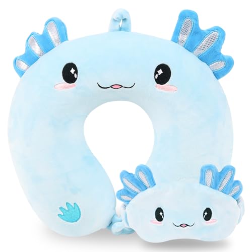 Image of Travel Pillow, Kids Travel Pillow with Sleep Eye Mask Soft Memory Foam Kids Neck Pillow for Boys & Girls, Travel Accessories for Car Airplane Traveling - Blue Axolotl