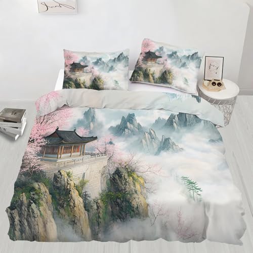 Juego de ropa de cama doble japonesa con diseño de flores de cerezo, funda de edredón de paisaje japonés, decoración de dormitorio, 3 piezas con 2 fundas de almohada