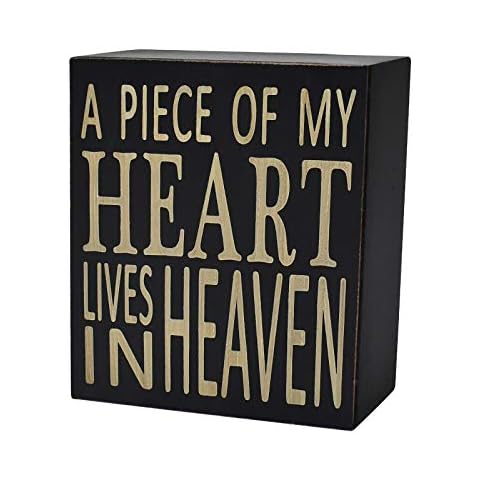 Attraction Design Rustic Box Sign with Saying Wood Plaque Hanging Wall Art Sign,5.9x5.9inch Primitive Box Hanging Decoration Wooden Sign A Piece Of My Heart Lives In Heaven Home Decor Accent,Black Cover