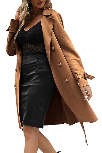 Bellivera Womens Faux Suede Leather Jacket Spring and Winter Fashion Long Trench Coat, Lightweight Windbreaker