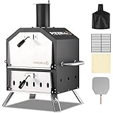 Pizzello Outdoor-Pizzaofen mit Holzbefeuerung zum Backen von 2 Pizzen im Freien mit Pizzastein, Pizzaschieber, Deckel - Schwarz + Silber