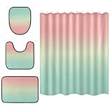 Gradient Flesh Color Light Green 4 Pcs Bathroom Shower Curtain Sets with Rugs, U Shaped Mat, Toilet Lid Cover and 12 Hooks Non-Slip Bath Decor Set for Toilet Bathroom Home