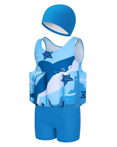 Image of DivingBirds Toddler Floatie Swimsuit with Hat for Boys Girls, Sleeveless Swim Suit with Floatation, 1-6Y